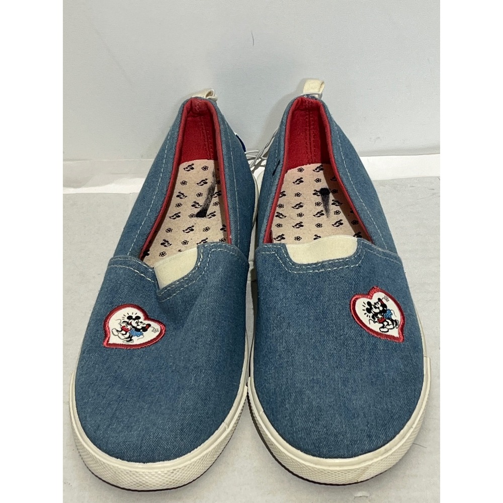 Disney Mickey Minnie Mouse Blue Denim Slip On Sneakers Heart Patch Women 5 NEW